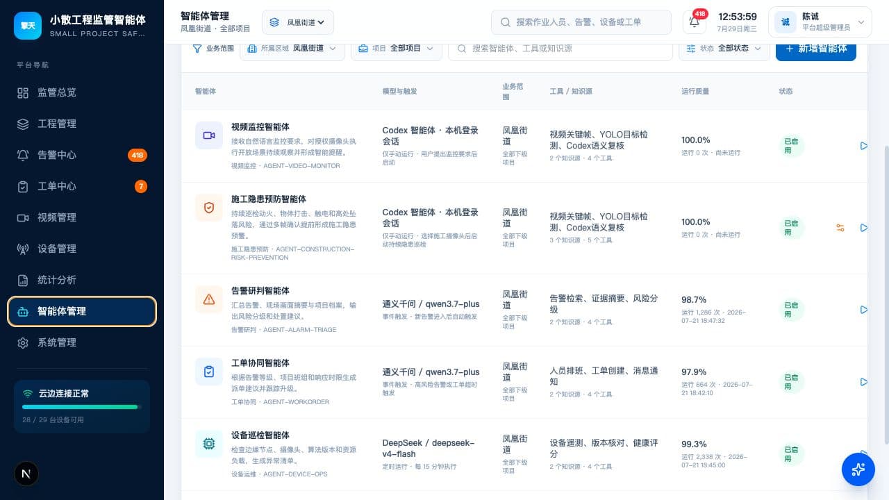 擎天云智能体管理界面